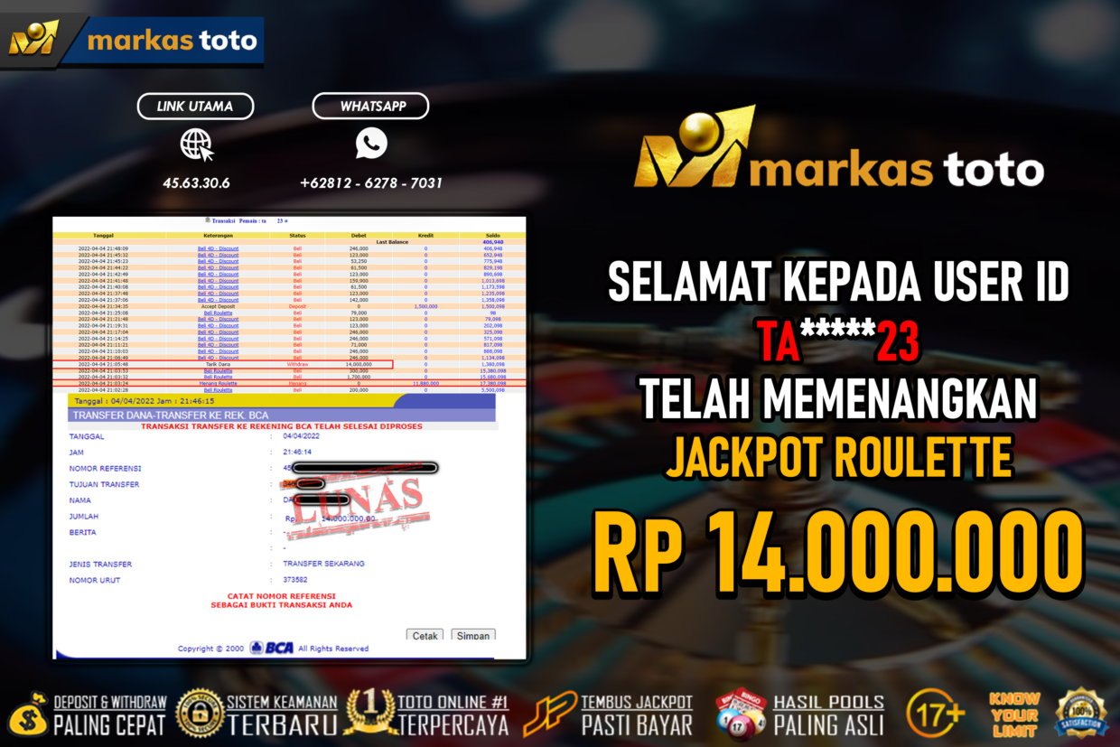 BUKTI PEMBAYARAN MEMBER JP LIVE CASINO ROULETTE DI MARKASTOTO USER ID TA23