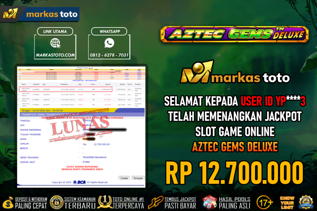 BUKTI PEMBAYARAN MEMBER JP SLOT AZTEC GEMS DELUXE DI MARKASTOTO USER ID YP****3