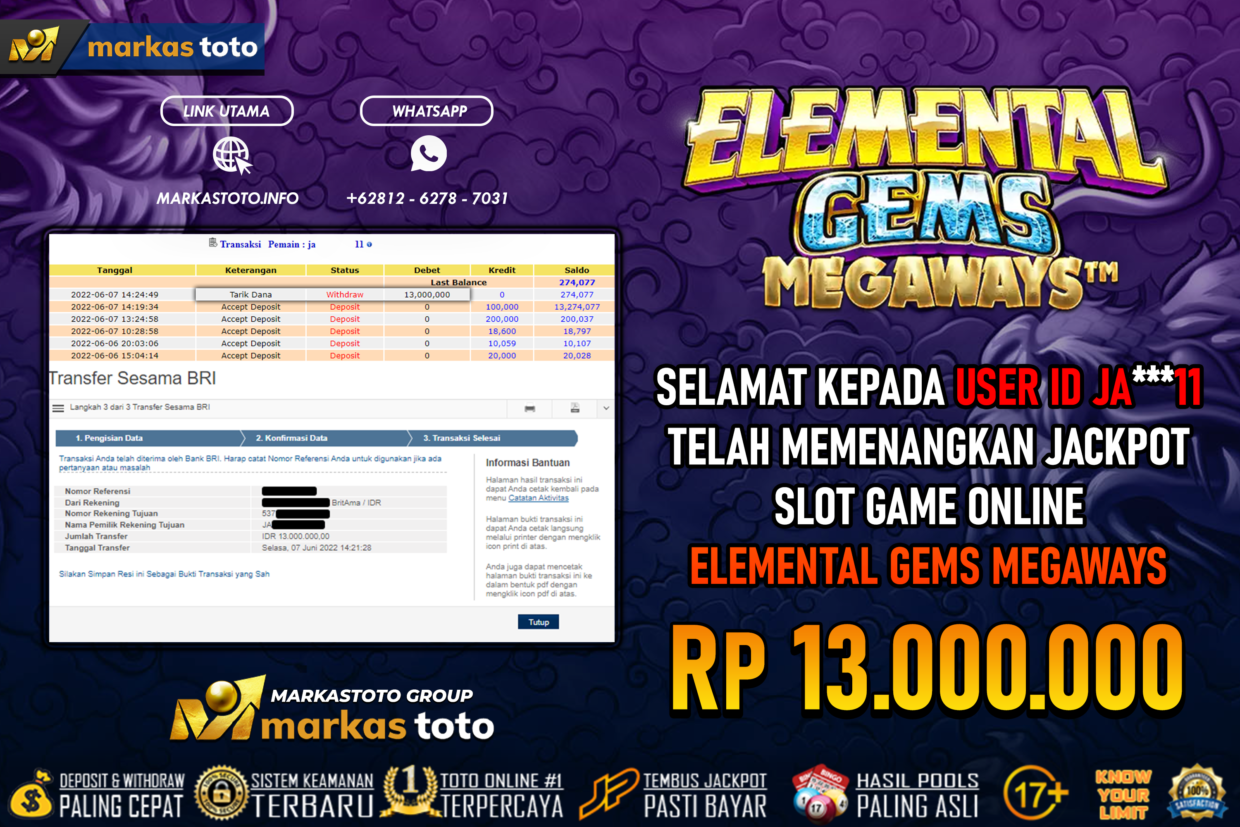 BUKTI PEMBAYARAN MEMBER JP SLOT PRAGMATIC ELEMENTAL GEMS DI MARKASTOTO USER ID JA***11