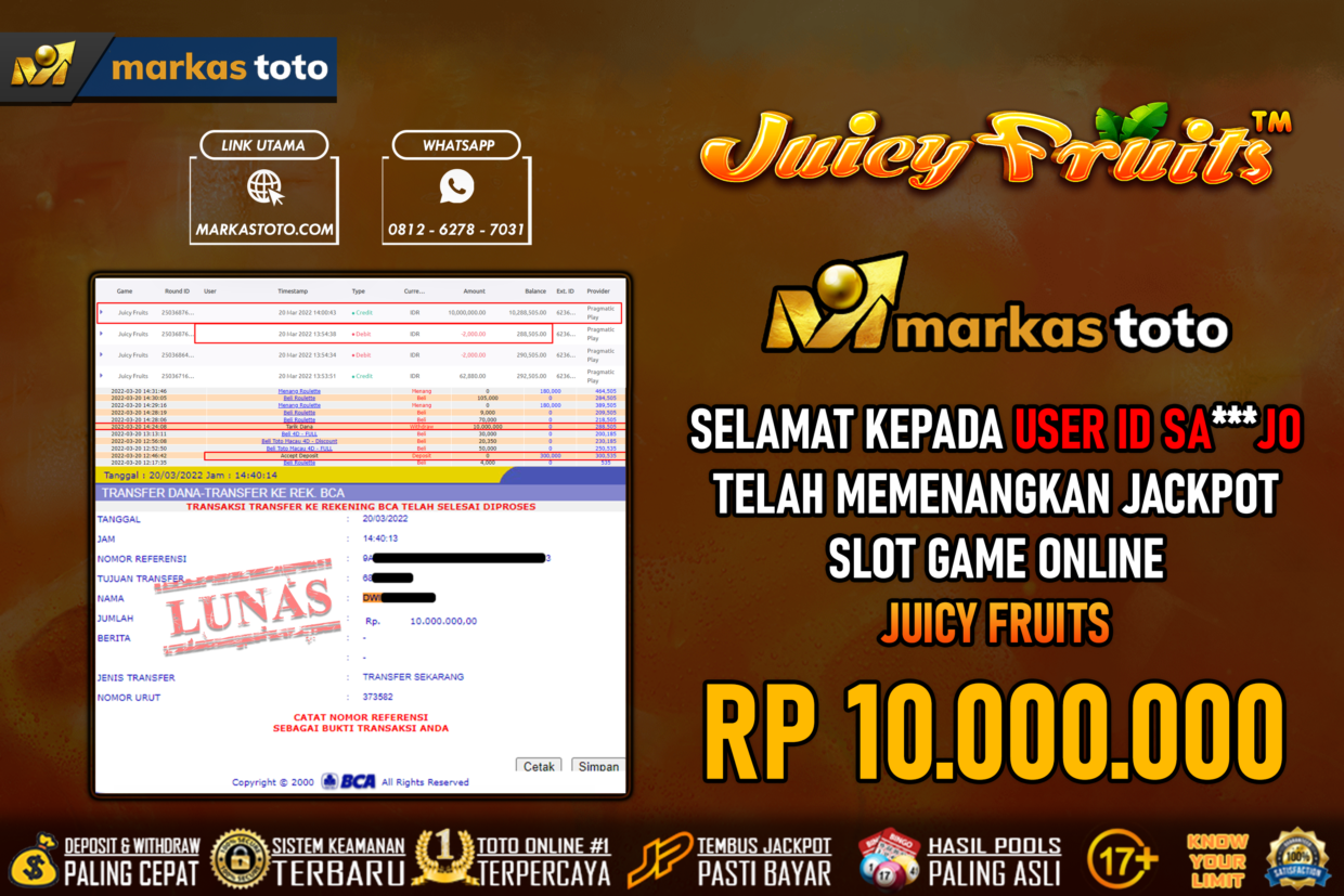 BUKTI PEMBAYARAN MEMBER JP SLOT PRAGMATIC JUICY FRUITS DI MARKASTOTO USER ID SAJO 20 MARET