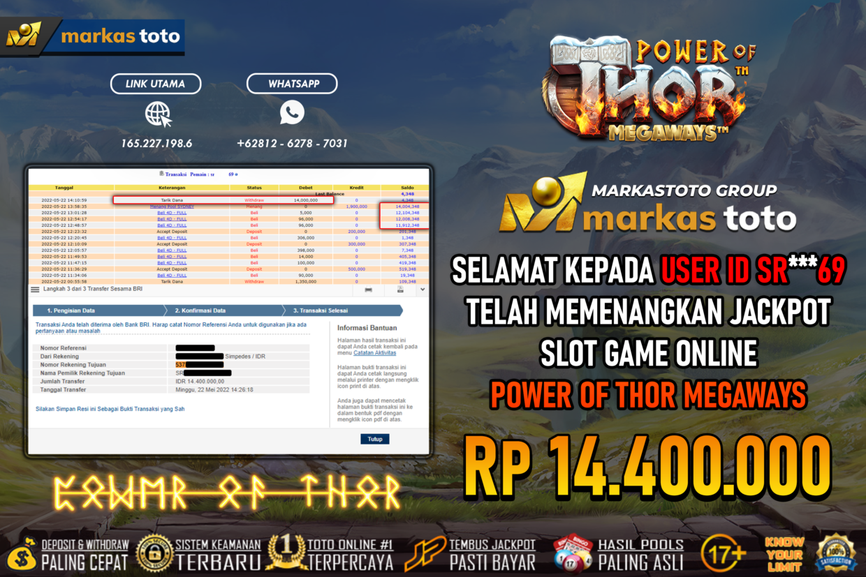 BUKTI PEMBAYARAN MEMBER JP SLOT PRAGMATIC THOR MEGAWAYS DI MARKASTOTO USER ID SR69