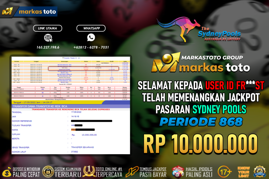 BUKTI PEMBAYARAN MEMBER JP TOGEL SYDNEY DI MARKASTOTO USER ID FRST 17.05.2022