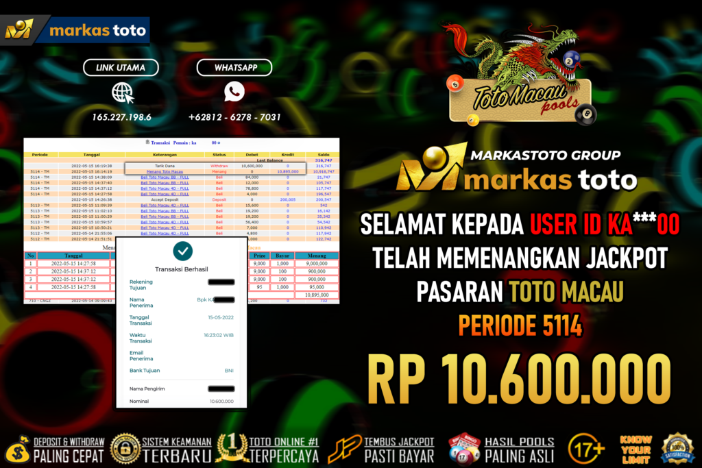 BUKTI PEMBAYARAN MEMBER JP TOGEL TOTO MACAU DI MARKASTOTO USER ID KA00