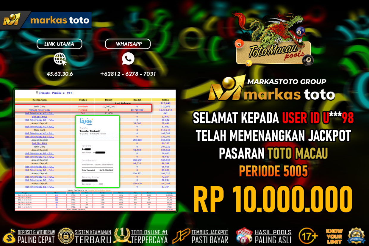 BUKTI PEMBAYARAN MEMBER JP TOGEL TOTO MACAU DI MARKASTOTO USER ID U98