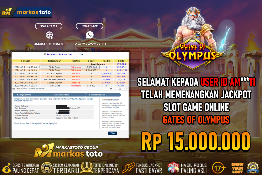 BUKTI TRANSFER PEMBAYARAN MEMBER JP SLOT PRAGMATIC GATES OF OLYMPUS DI MARKASTOTO USER ID AM***11