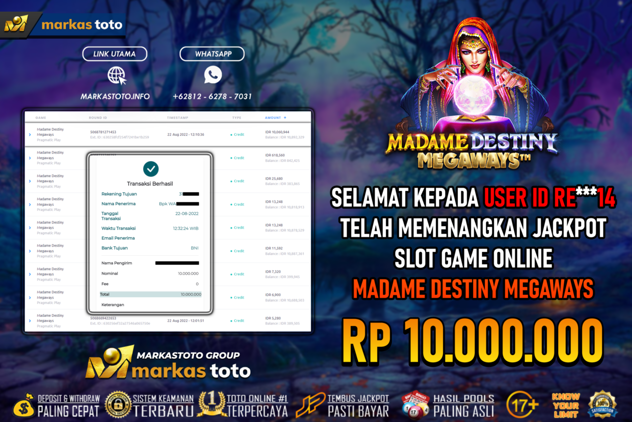 BUKTI PEMBAYARAN MEMBER JP SLOT PRAGMATIC MADAME DESTINY MEGAWAYS DI MARKASTOTO USER ID RE14