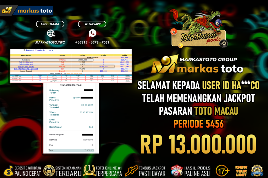 BUKTI PEMBAYARAN MEMBER JP TOGEL TOTO MACAU DI MARKASTOTO USER ID HACO