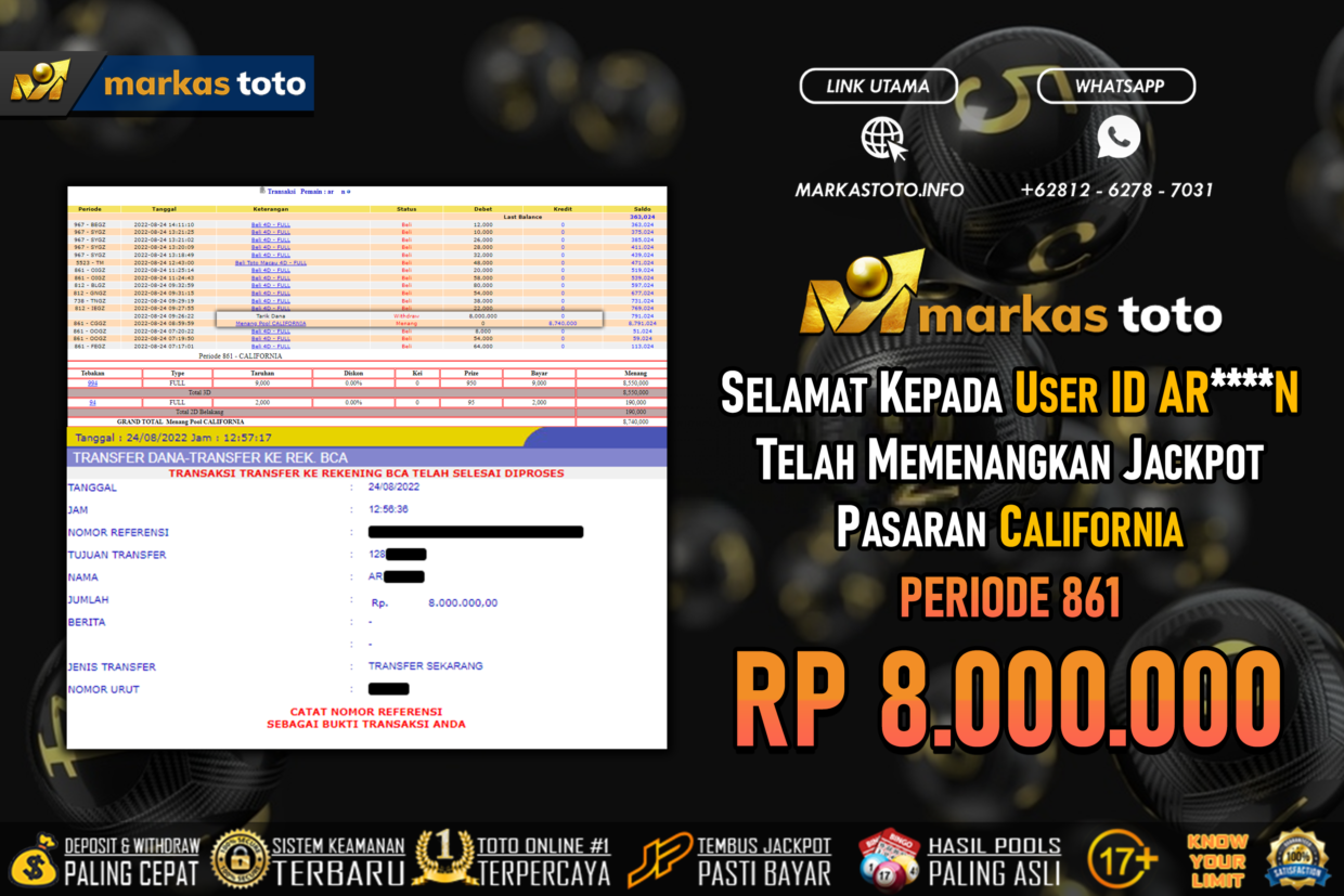 BUKTI PEMBAYARAN MEMBER JP TOGEL WLA CALIFORNIA DI MARKASTOTO USER ID AR