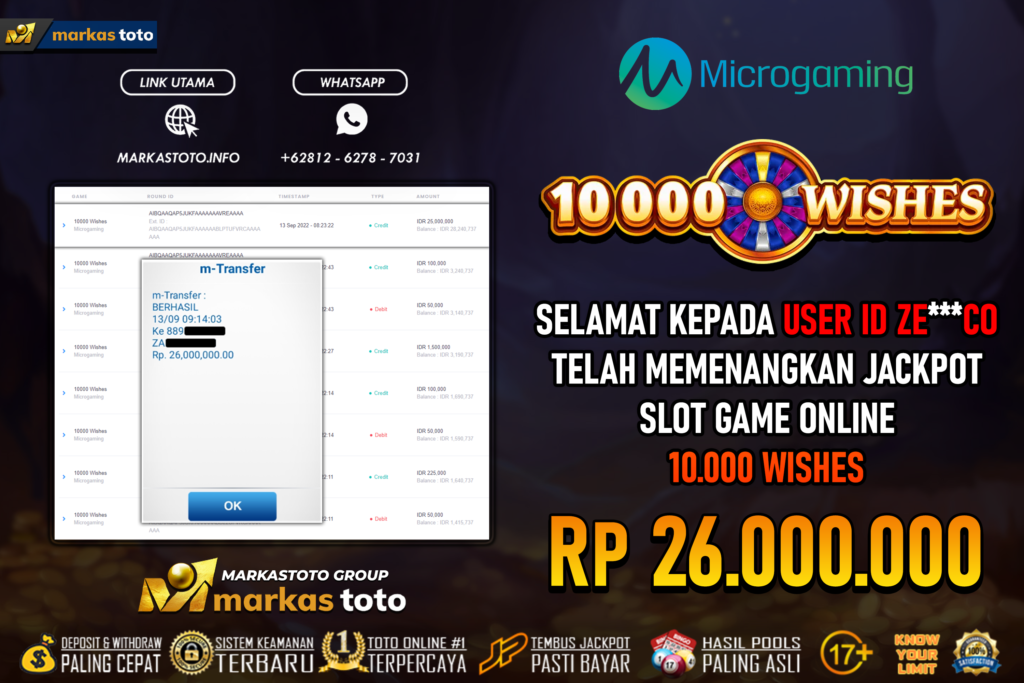 BUKTI PEMBAYARAN MEMBER JP SLOT MICROGAMING 10000 WISHES DI MARKASTOTO USER ID ZECO