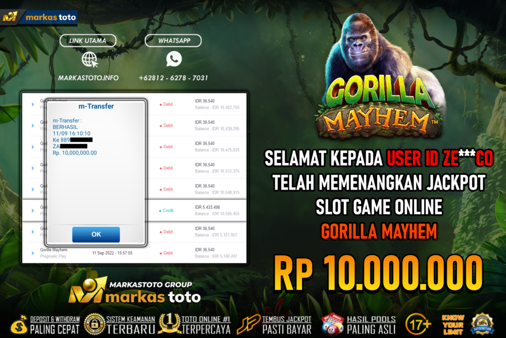 BUKTI PEMBAYARAN MEMBER JP SLOT PRAGMATIC GORILLA MAYHEM DI MARKASTOTO USER ID ZECO