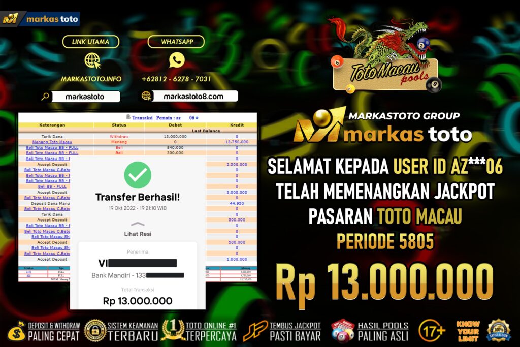 BUKTI PEMBAYARAN MEMBER JP TOGEL TOTO MACAU DI MARKASTOTO USER ID AZ06