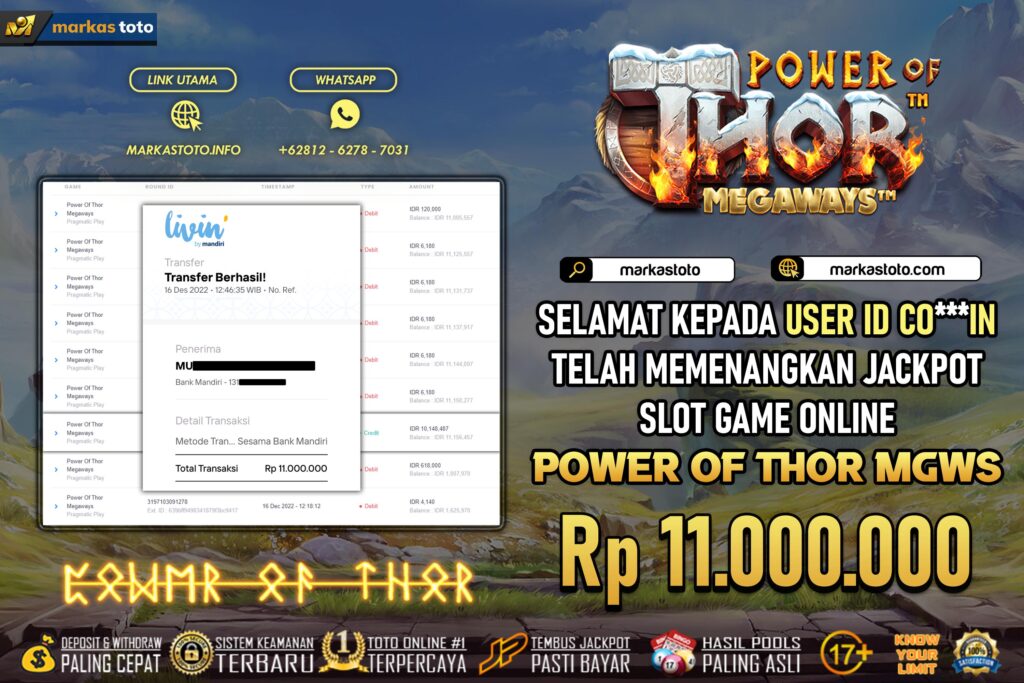 BUKTI PEMBAYARAN MEMBER JP SLOT PRAGMATIC POWER OF THOR MEGAWAYS DI MARKASTOTO USER ID COIN