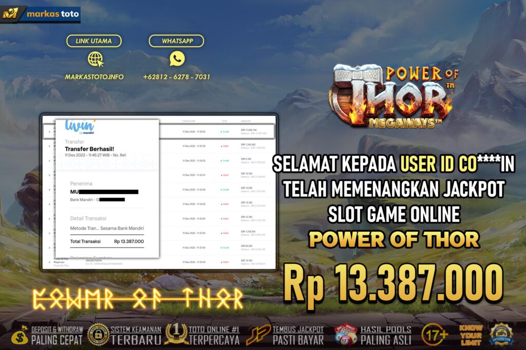 BUKTI PEMBAYARAN MEMBER JP SLOT PRAGMATIC POWER OF THOR MEGAWAYS DI MARKASTOTO USER ID COIN