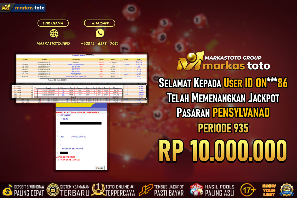 BUKTI PEMBAYARAN MEMBER JP TOGEL WLA PENNSYLVANIA DI MARKASTOTO USER ID ON86