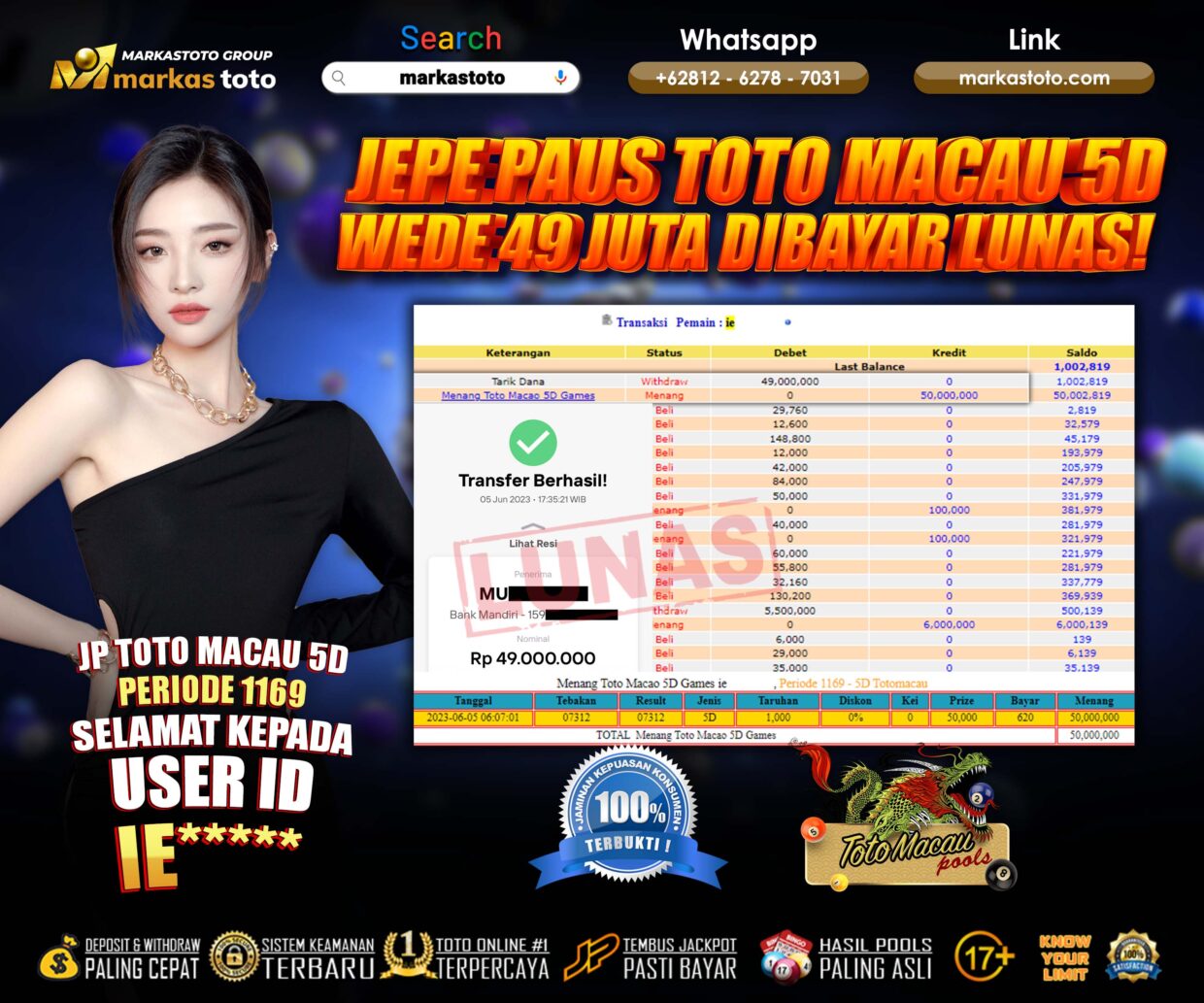 BUKTI PEMBAYARAN MEMBER JP TOGEL TOTO MACAU 5D DI MARKASTOTO USER ID IE