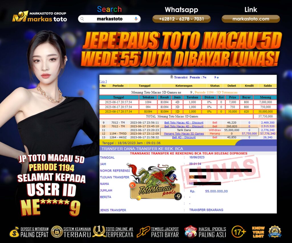 BUKTI PEMBAYARAN MEMBER JP TOGEL TOTO MACAU 5D DI MARKASTOTO USER ID NE9