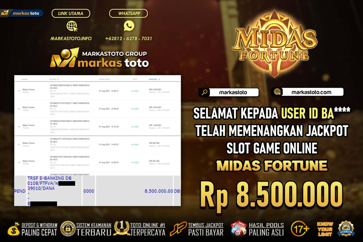 BUKTI PEMBAYARAN MEMBER JP SLOT PG SOFT MIDAS FORTUNE DI MARKASTOTO USER ID BA