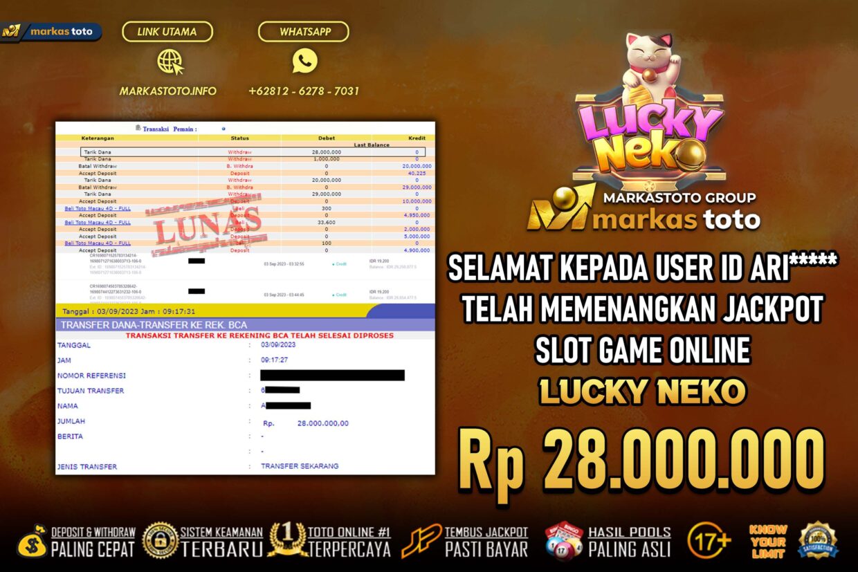 BUKTI PEMBAYARAN MEMBER JP SLOT PG SOFT LUCKY NEKO DI MARKASTOTO USER ID ARI