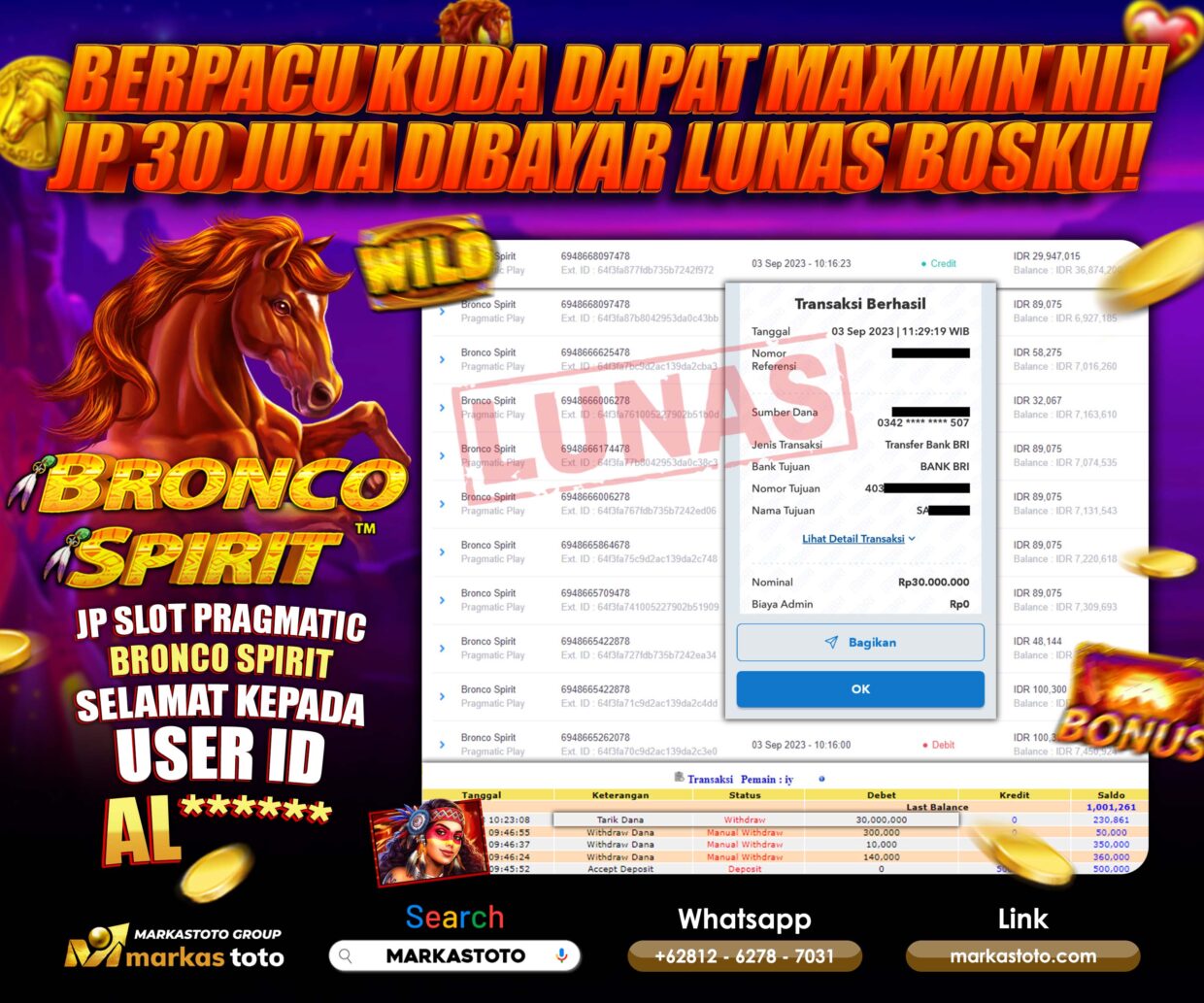 BUKTI PEMBAYARAN MEMBER JP SLOT PRAGMATIC SLOT BRONCO SPIRIT DI MARKASTOTO USER ID AL