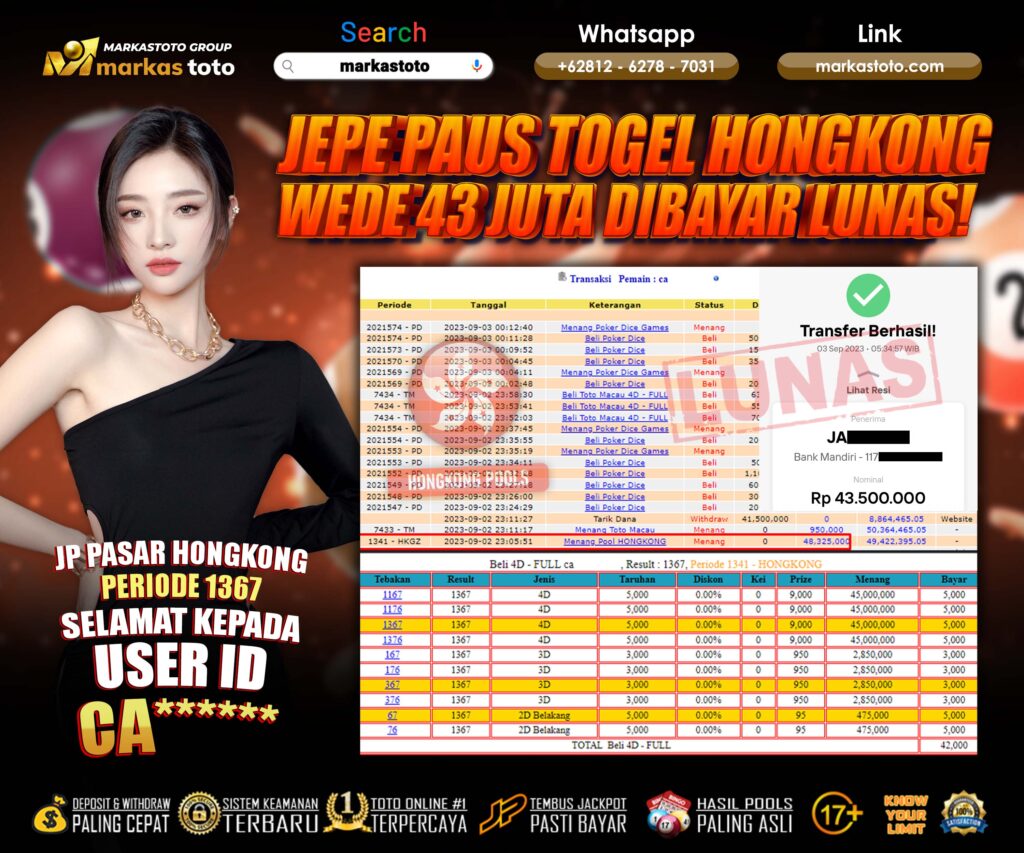 BUKTI PEMBAYARAN MEMBER JP TOGEL HONGKONG DI MARKASTOTO USER ID CA