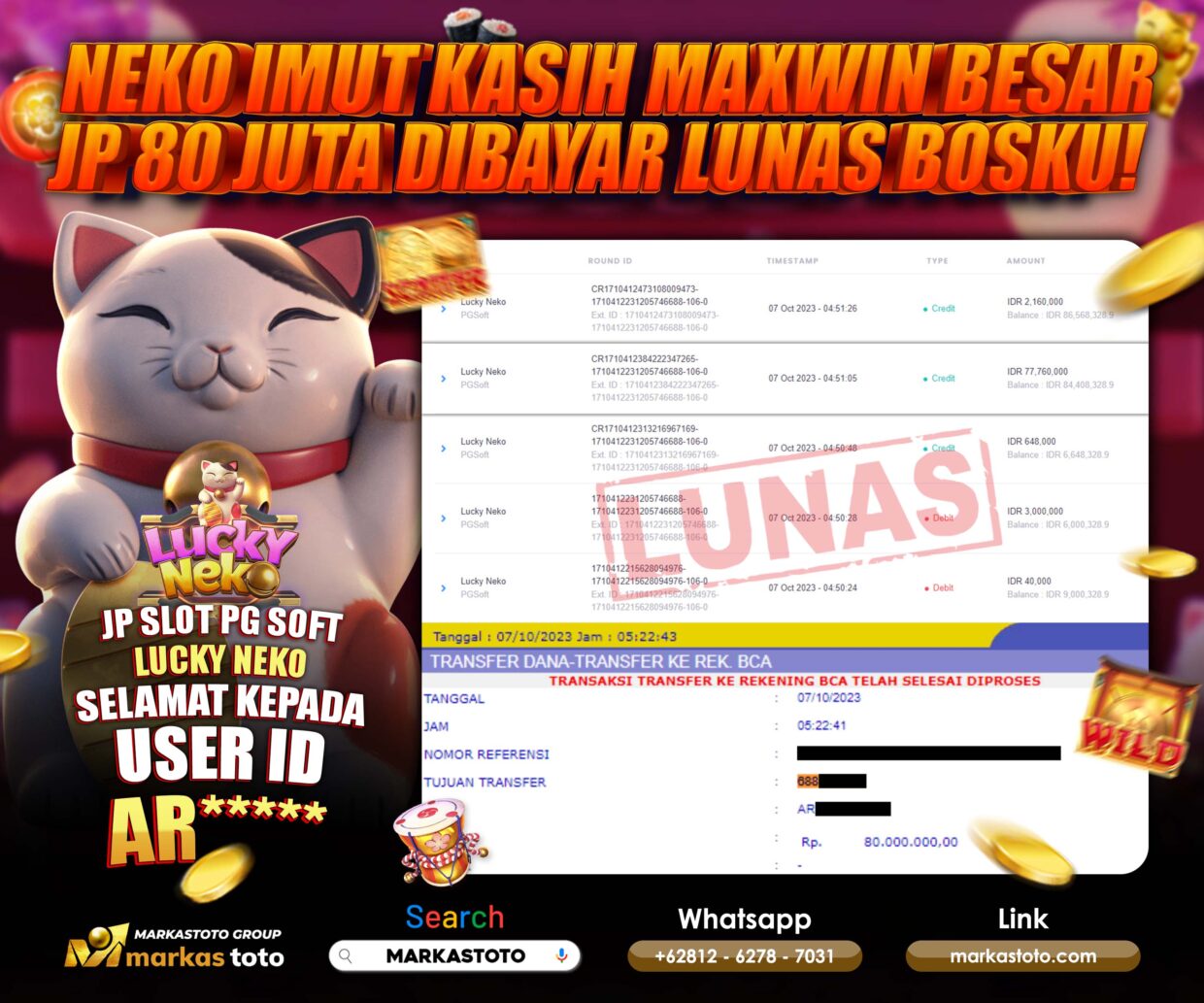 BUKTI PEMBAYARAN MEMBER JP SLOT PG SOFT LUCKY NEKO DI MARKASTOTO USER ID AR