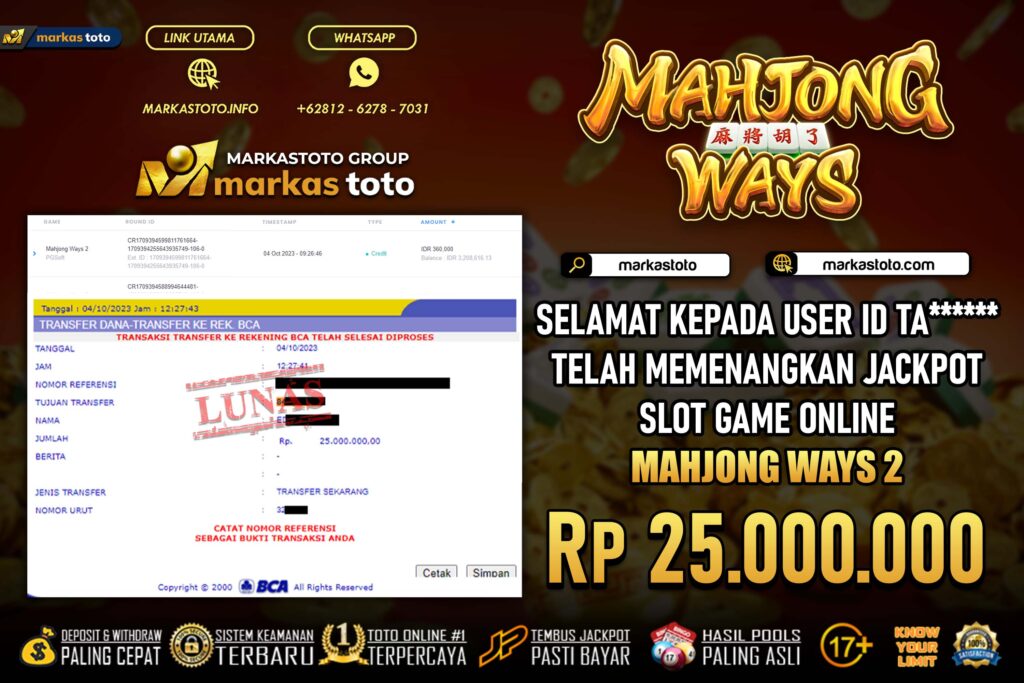 BUKTI PEMBAYARAN MEMBER JP SLOT PG SOFT MAHJONG WAYS DI MARKASTOTO USER ID TA