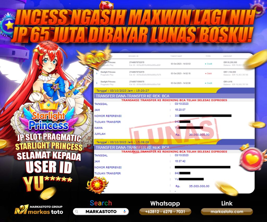 BUKTI PEMBAYARAN MEMBER JP SLOT PRAGMATIC STARLIGHT PRINCESS DI MARKASTOTO USER ID YU