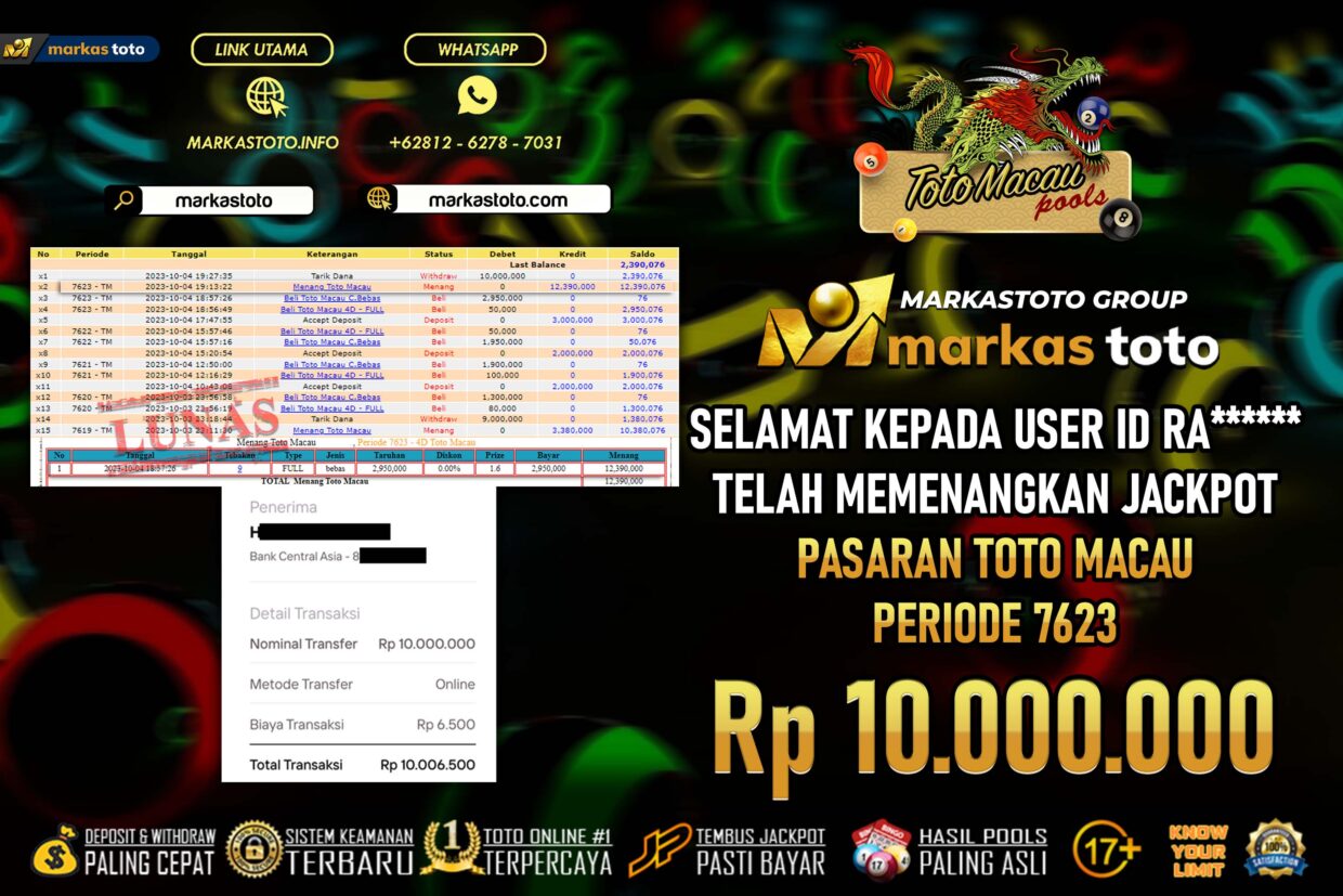 BUKTI PEMBAYARAN MEMBER JP TOGEL TOTO MACAU DI MARKASTOTO USER ID RA