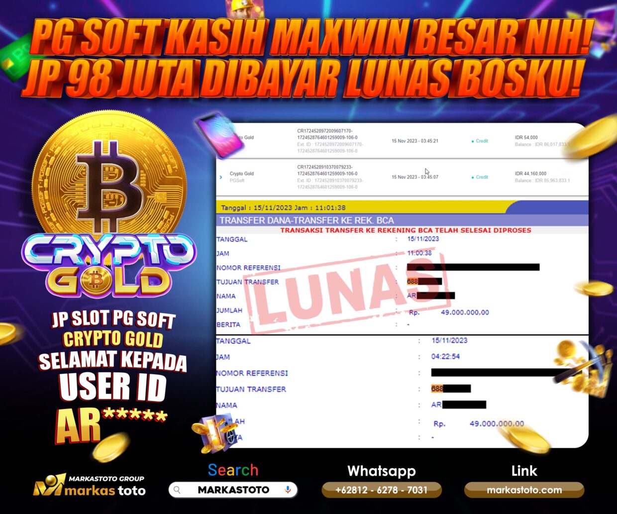 BUKTI PEMBAYARAN MEMBER JP SLOT PG SOFT CRYPTO GOLD DI MARKASTOTO USER ID AR