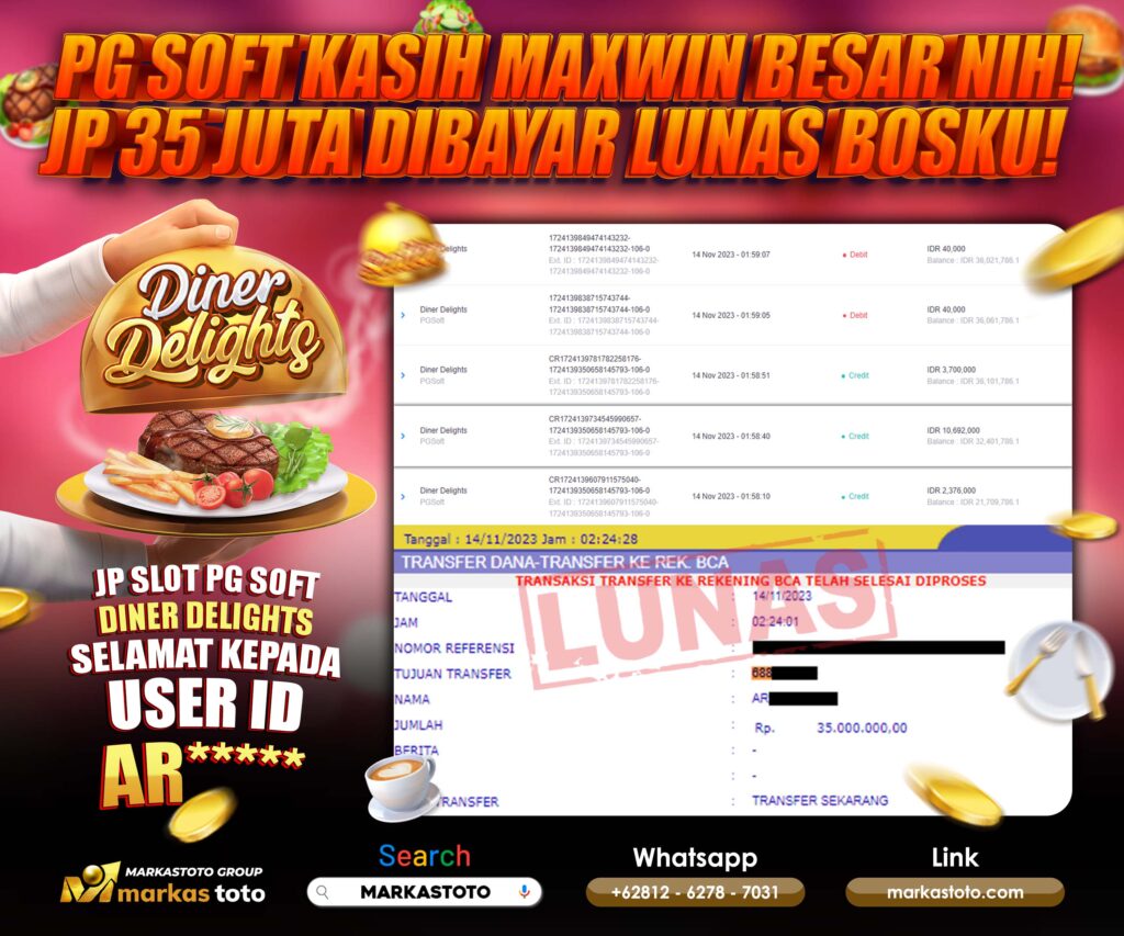 BUKTI PEMBAYARAN MEMBER JP SLOT PG SOFT DINER DELIGHTS DI MARKASTOTO USER ID AR