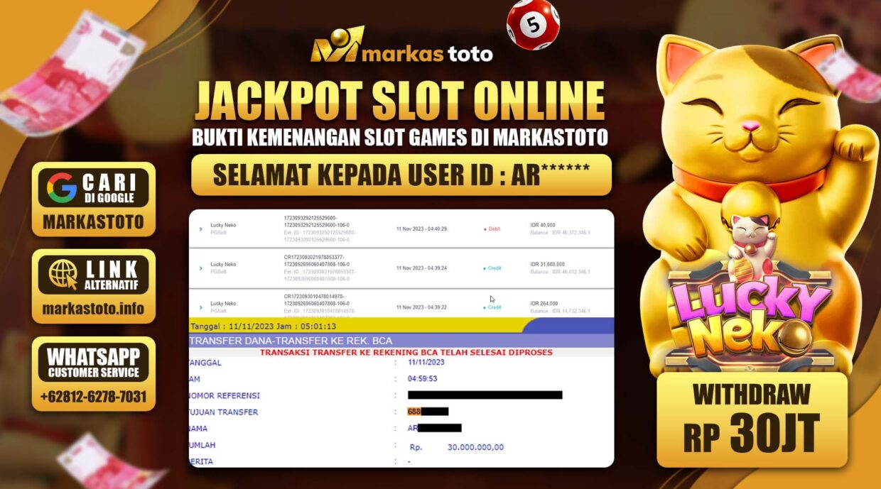 BUKTI PEMBAYARAN MEMBER JP SLOT PG SOFT LUCKY NEKO DI MARKASTOTO USER ID AR