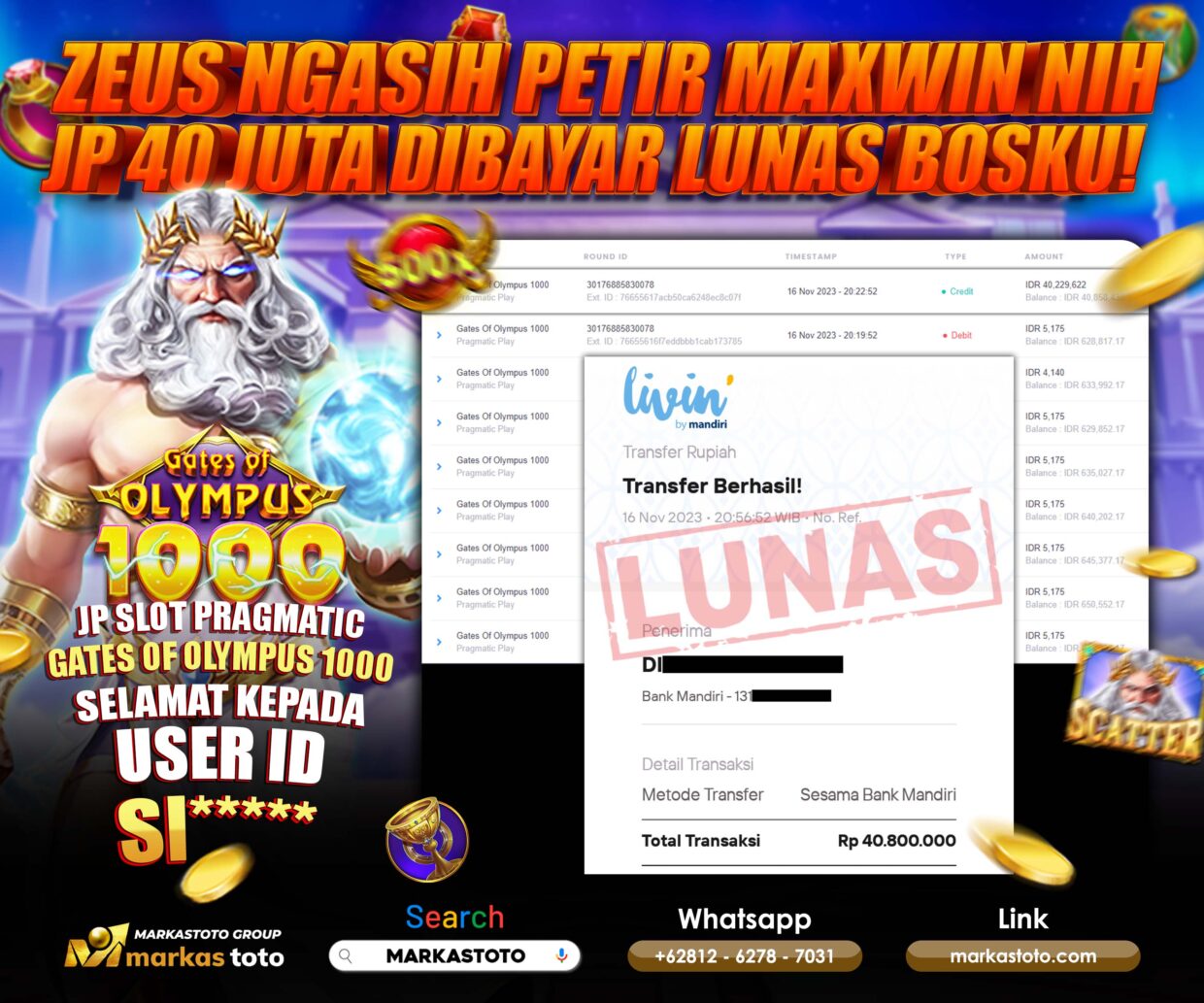 BUKTI PEMBAYARAN MEMBER JP SLOT PRAGMATIC SLOT GATES OF OLYMPUS 1000 DI MARKASTOTO USER ID SI