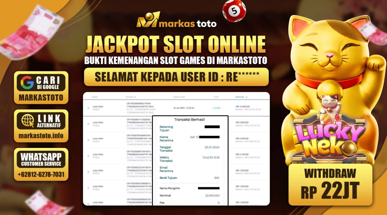 BUKTI PEMBAYARAN MEMBER JP SLOT PG SOFT LUCKY NEKO DI MARKASTOTO USER ID RE