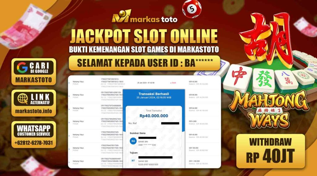 BUKTI PEMBAYARAN MEMBER JP SLOT PG SOFT MAHJONG WAYS DI MARKASTOTO USER ID BA