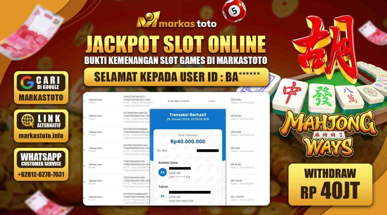 BUKTI PEMBAYARAN MEMBER JP SLOT PG SOFT MAHJONG WAYS DI MARKASTOTO USER ID BA