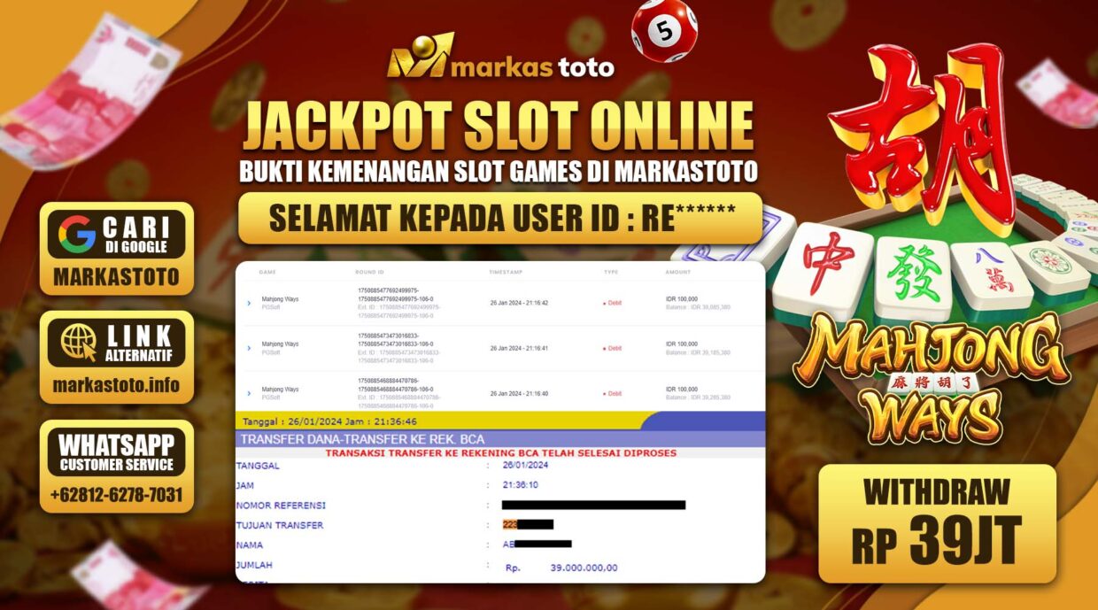 BUKTI PEMBAYARAN MEMBER JP SLOT PG SOFT MAHJONG WAYS DI MARKASTOTO USER ID RE