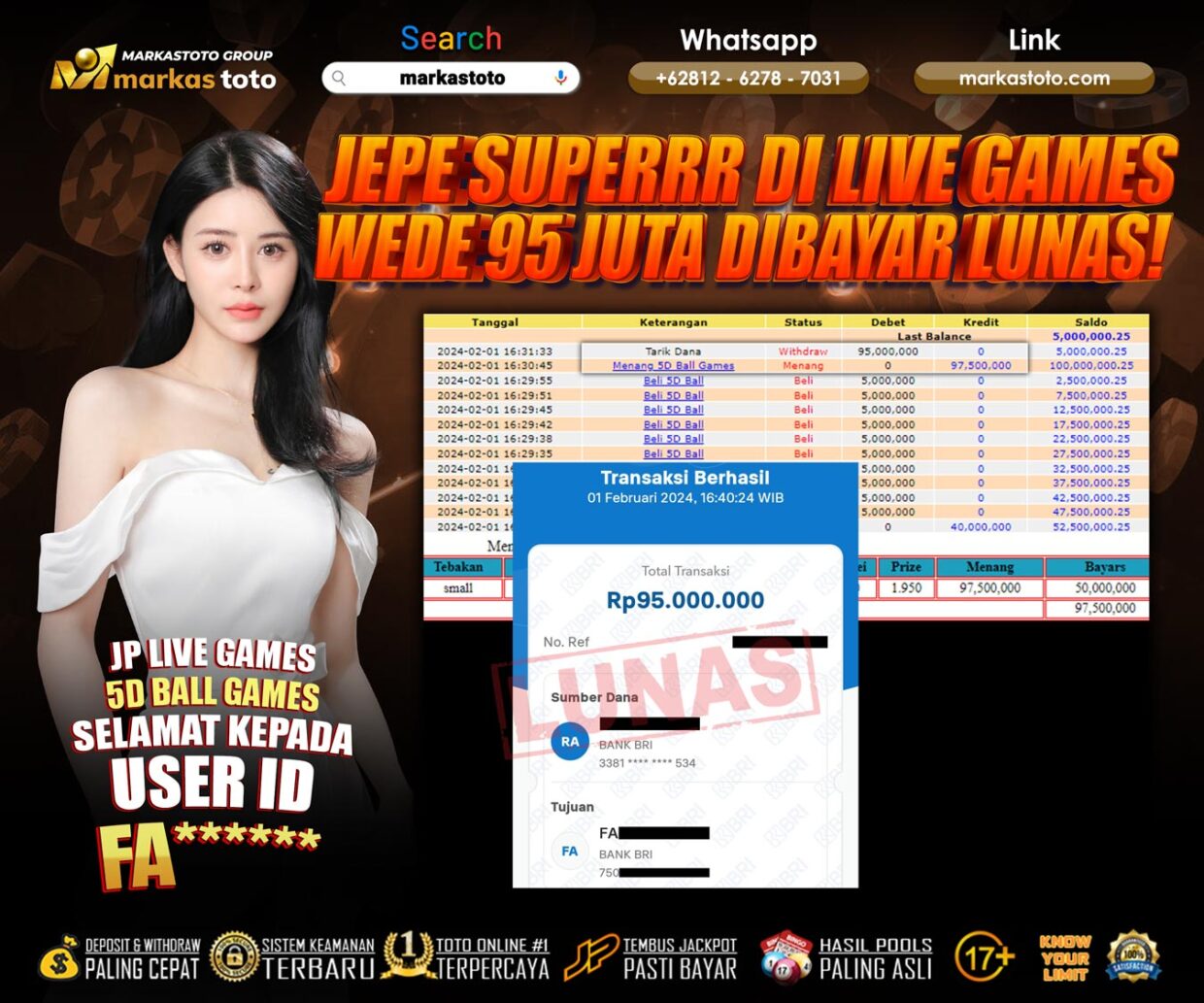 BUKTI PEMBAYARAN MEMBER JP LIVE CASINO DI MARKASTOTO USER ID FA