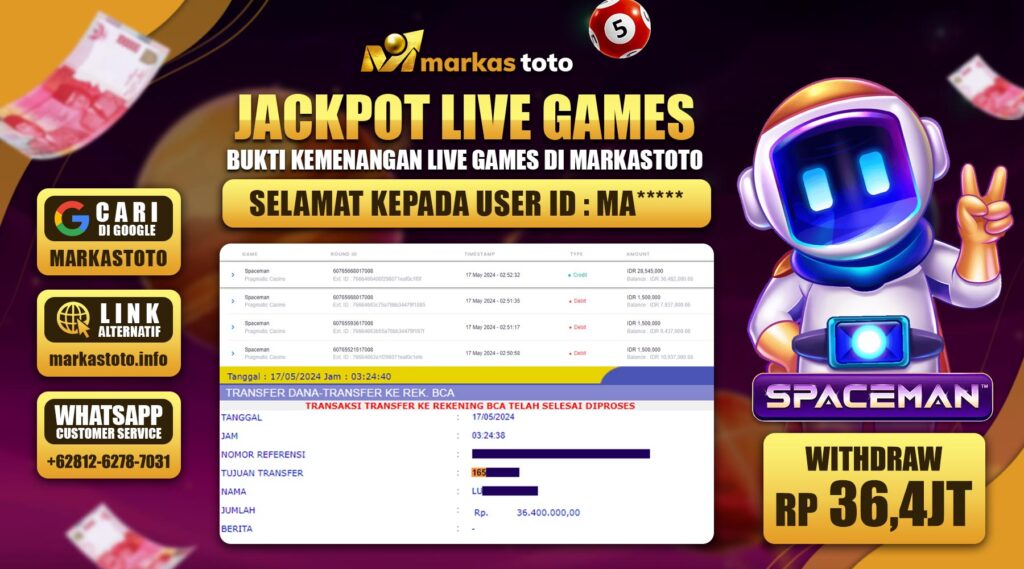 BUKTI PEMBAYARAN MEMBER JP LIVE CASINO SPACEMAN DI MARKASTOTO USER ID MA