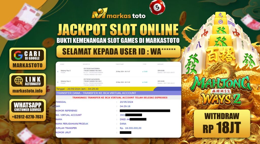 BUKTI PEMBAYARAN MEMBER JP SLOT PG SOFT MAHJONG WAYS 2 DI MARKASTOTO USER ID WA