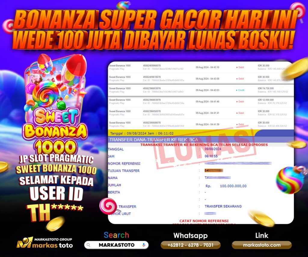 BUKTI PEMBAYARAN MEMBER JP SLOT PRAGMATIC SWEET BONANZA 1000 DI MARKASTOTO USER ID TH